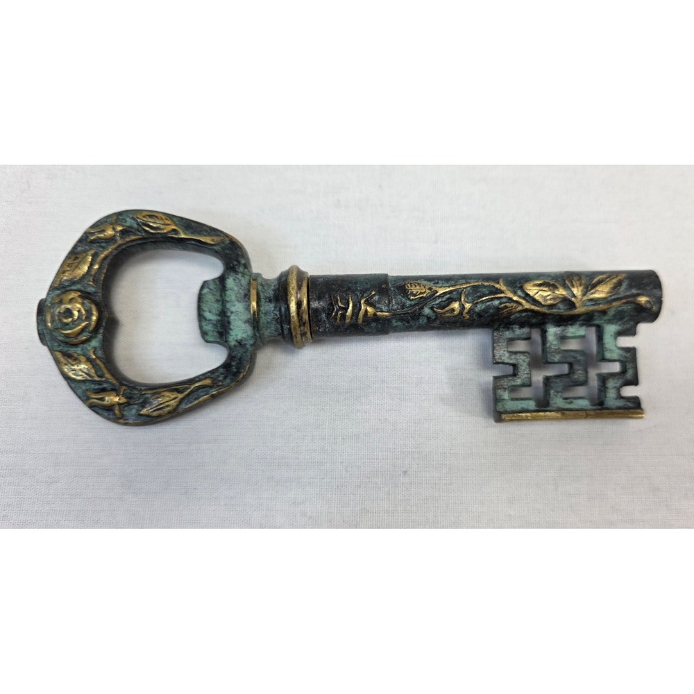 Vintage Skeleton Key Corkscrew Bottle Opener Verdigris Rose Embossed Bar Tool